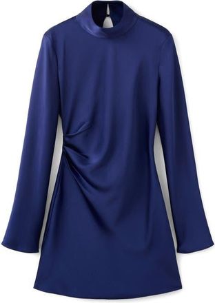 Mango Pleated Long Sleeve Satin Dress in Indigo Blue at Nordstrom, Size 4