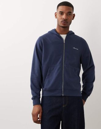 Abercrombie & Fitch Felpa con cappuccio premium blu navy con zip e logo