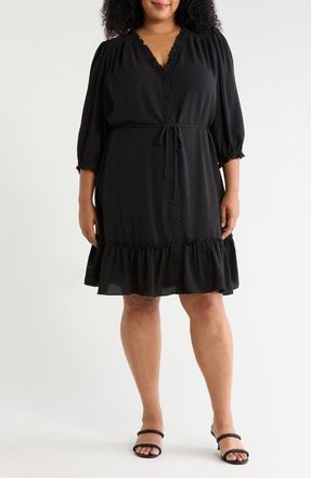 CeCe by Cynthia Steffe Ruffle Trim Button-Up Dress in Rich Black at Nordstrom, Size 2X