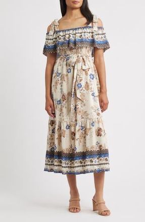 Anne Klein Off the Shoulder Mix Print Midi Dress in Ivory Shell Multi at Nordstrom Rack, Size 14