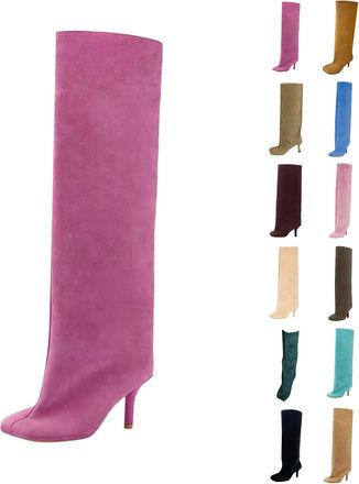 Generic Suede Knee High Boots for Women Wide Calf Square Toe Stiletto Heels Tall Boots Ladies Fall Winter Slouchy Pull On High Heel Dress Long Booties for Par