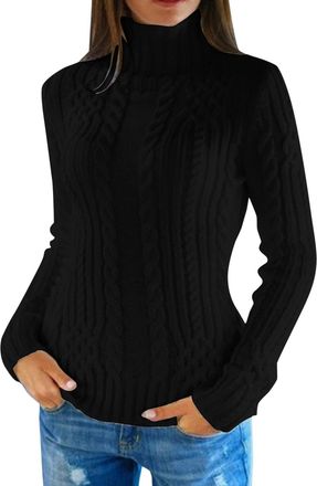 Generic Todays Daily Deals Sweatshirts for Women UK Oversized Turtleneck Sweater Women Winter Knitted Wool Knit Bottom Female Long Sleeve Thick Best Black of 