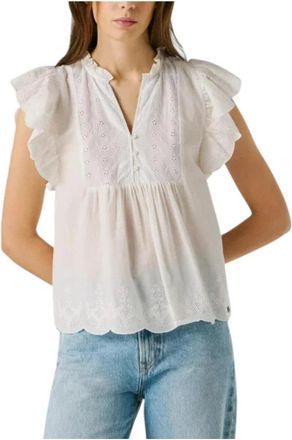Pepe Jeans London Fluid Ruffle Shoulder Blouse - Dames - Blouses - Wit - M - Katoen - Overhemden