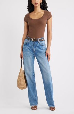 Open Edit Scoop Neck Stretch Cotton T-Shirt in Brown Terra at Nordstrom, Size Xx-Small