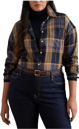 Lauren Ralph Lauren Plus Size Relaxed Fit Plaid Cotton Twill Shirt Womens Clothing Blue/Tan : 3X