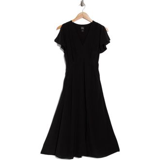 BOSS Dawarina Short Sleeve Silk Fit & Flare Dress in Black at Nordstrom Rack, Size 10