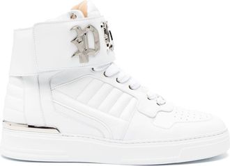 Philipp Plein Gothic-plaque high-top sneakers - men - Metal/Calf Leather/Rubber/Calf Leather - 39 - White
