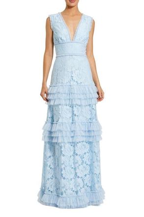 Mac Duggal V-Neck Lace Tiered Ruffle Gown in Powder Blue at Nordstrom, Size 10