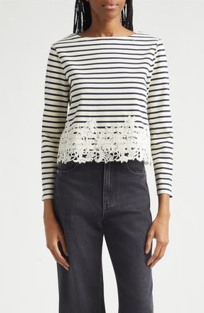 Veronica Beard Hovey Stripe Lace Detail Cotton Top in Dove Navy Stripe at Nordstrom, Size X-Small