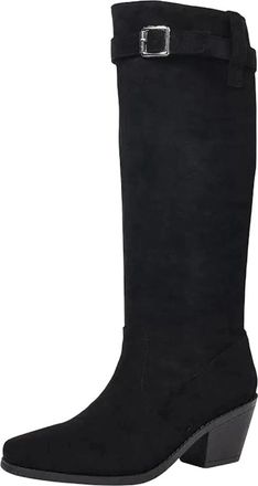 Generic Womens Leisure Knee High Boots Square Toe High Block Heel Slip On Design With A Classic Decorative Belt Buckle