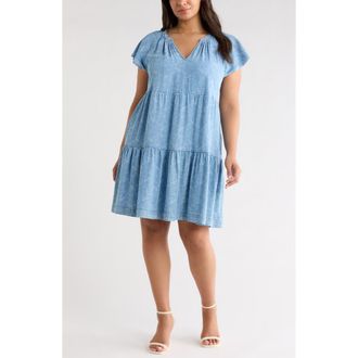 Liverpool L.A. Tiered Floral Flutter Sleeve Denim Dress in Indigo Roses at Nordstrom, Size 1 X