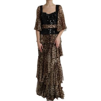 Dolce & Gabbana Leopard Print Silk Sequin Ruffle Maxi Womens Dress