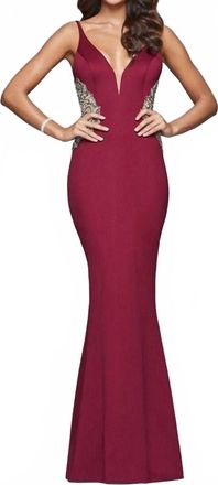 Faviana Long Fitted Neoprene Dress With Beading At Side Waist And Open Back In Wine