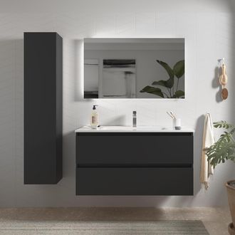 Cygnus Bath Salgar - Mueble De Ba&ntilde;o Bequia 100 Cm Negro Mate Con Lavabo De Porcelana