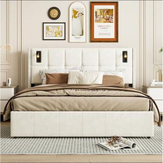 OEM Cama Hidr&aacute;ulica 160x200 - Cama Cofre Doble Para Adultos 2 Personas Estilo Retro Con L&aacute;mparas De Lectura - Tejido De Lino Terciopelo Beige, Estilo Retr
