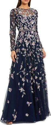 Mac Duggal Petite Long Sleeve Floral Embellished Evening Gown in Midnight Multi at Nordstrom, Size 12