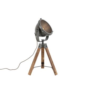 QAZQA Qazqa Industrial L&aacute;mpara De Mesa Industrial Tr&iacute;pode De Acero Con Madera Inclinable - Emado Acero / Alargada Adecuado Para Led Max. 1 X 40 Watt
