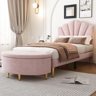 C&A Pink Velvet Upholstered Single Bed(3ft)with Golden Legs&Wooden Slatted Frame,Plus Storage Bench