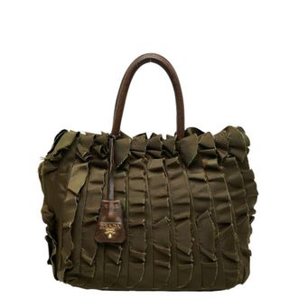 Prada Brown Khaki Nylon Leather Handbag Tote Bag (Pre-Owned)