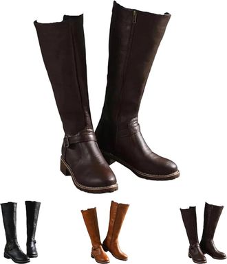 Generic Womens Winter Long Boots, Low Heel Casual Round Toe Knee High Long Boots, Western Buckle Shoes with Side Zipper for Daily Wear (Brown,7.5)