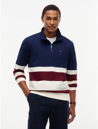Tommy Hilfiger Mens Rugby Stripe Quarter-Zip Sweatshirt - Carbon Navy - XXXL