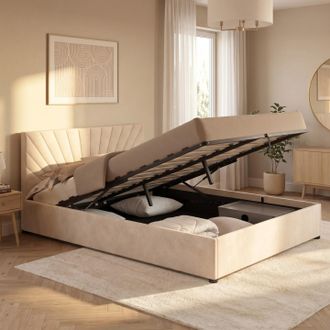IDMarket Cama Doble Con Cajones Sunlight, Con Cabecero Acolchado Y Somier De 140 X 190 Cm, En Terciopelo Beige