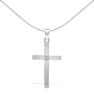 Jewelco London 9ct White Gold 0.05ct Diamond Minimalist Solitaire Cross Pendant in Silver