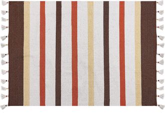 Beliani Alfombra De Algod&oacute;n Marr&oacute;n Beige Amarillo Naranja 160 X 230 Cm A Rayas A Mano Hisarli