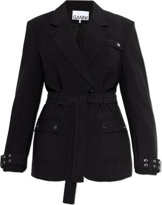 Ganni Blazer met Ceintuur - Dames - Blazers - Zwart - L - Leer - Jassen