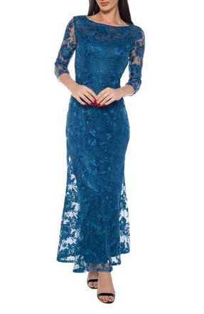 Marina Rossini Floral Embroidered Mesh Gown in Teal at Nordstrom Rack, Size Large