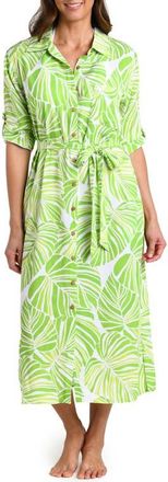 La Blanca Serene Palm Roll Tab Cuff Long Sleeve Cover-Up Shirtdress in Apple at Nordstrom, Size X-Large