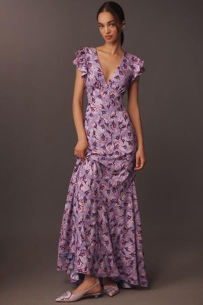 BHLDN Eva Flutter-Sleeve Plunge V-Neck Maxi Dress