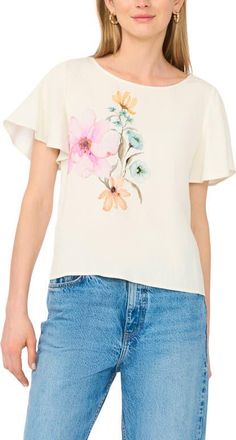 Vince Camuto Placed Floral Flutter Sleeve Top in Antiq White at Nordstrom, Size X-Large