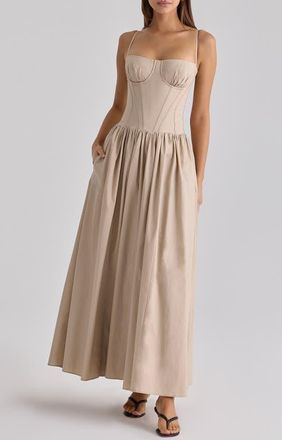 House of CB Rona Cotton Corset Maxi Dress in Taupe at Nordstrom, Size X-Small