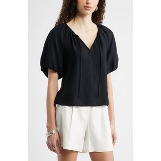 Nordstrom Puff Sleeve V-Neck Shirt in Black at Nordstrom, Size Xx-Small