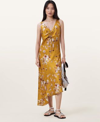 AllSaints Viscose Alexia V-Neck Drawstring Midi Slip Dress, Size: UK 14/US 10