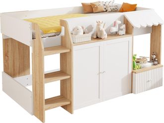 STILVORA Cama Altillo 90 X 200 Cm De Madera Con Estantes, Puertas De Almacenamiento Y Escalera, Sin Colch&oacute;n, Blanco Y Natural