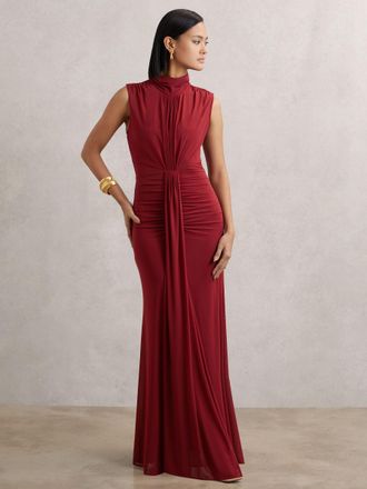 Reiss Womens Dark Red Ruched Sleeveless Maxi Dress, Size: 18