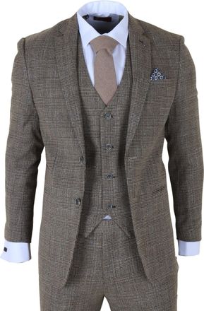 Infinity Leather Mens 3-Piece Brown Classic Check Suit Slim Fit Plain Formal Party Suit