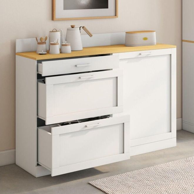 Aparador Bajo De Cocina 120 Cm Casserolier Vito Encimera H.83 Cm 1 Puerta + 3 Cajones En Blanco Y Encimera Efecto Haya