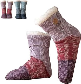 Generic Knitted Ultra-Thick Slipper Home Socks, Women Fuzzy Warm Slipper Sock Tri-color Knit Patchwork Non-Slip Warm Winter Socks (Purple)
