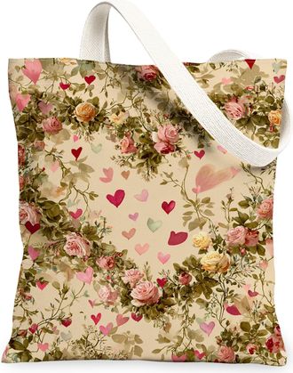 Generic Floral Heart Canvas Tote Bags, Rose Pattern Reusable Grocery Bags, Spring Vintage Lightweight Washable Shoulder Strap, Beige, 13x15 Inch