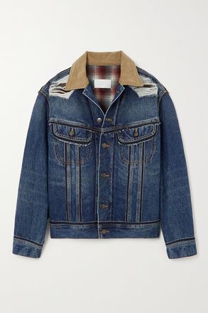 Maison Margiela Giacca In Denim Effetto Invecchiato Con Finiture In Velluto A Coste E Lana A Quadri - Blu