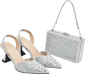 Generic Womens Shoes and Bags Set Sparkly Rhinestone Decorated High Heels Shoes Strap Shoulder Bag for Party Wedding Silver