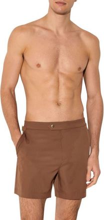 Reiss Sun Solid Side Adjuster Swim Trunks in Mahogany Brown at Nordstrom, Size Small