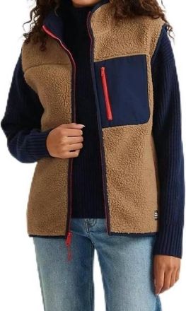 Eddie Bauer Zip Up Chilali Faux Shearling Fleece Vest In Navy Tan