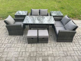 Fimous Outdoor Garden Dining Set Wicker PE Rattan Furniture Sofa with Dining Table Double Seat Sofa 2 Side Tables 2 Small Footstools in Dark Grey