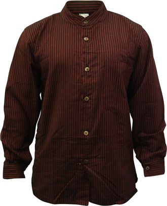 Shopoholic Fashion Stripe Grandad Shirt for Men, Handloomed Cotton Long Sleeve Band Collar Hippie Clothes, Maroon, M