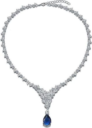 Rachel Glauber White Gold Plated with Sapphire Blue Cubic ZIrconia Cluster Bridal Y-Necklace