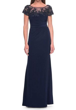 La Femme Ruched Evening Maxi Dress In Navy